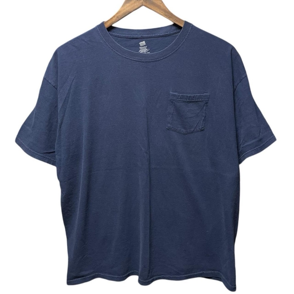 plain blank navy blue Hanes comfort soft short sleeve front pocket work T-shirt